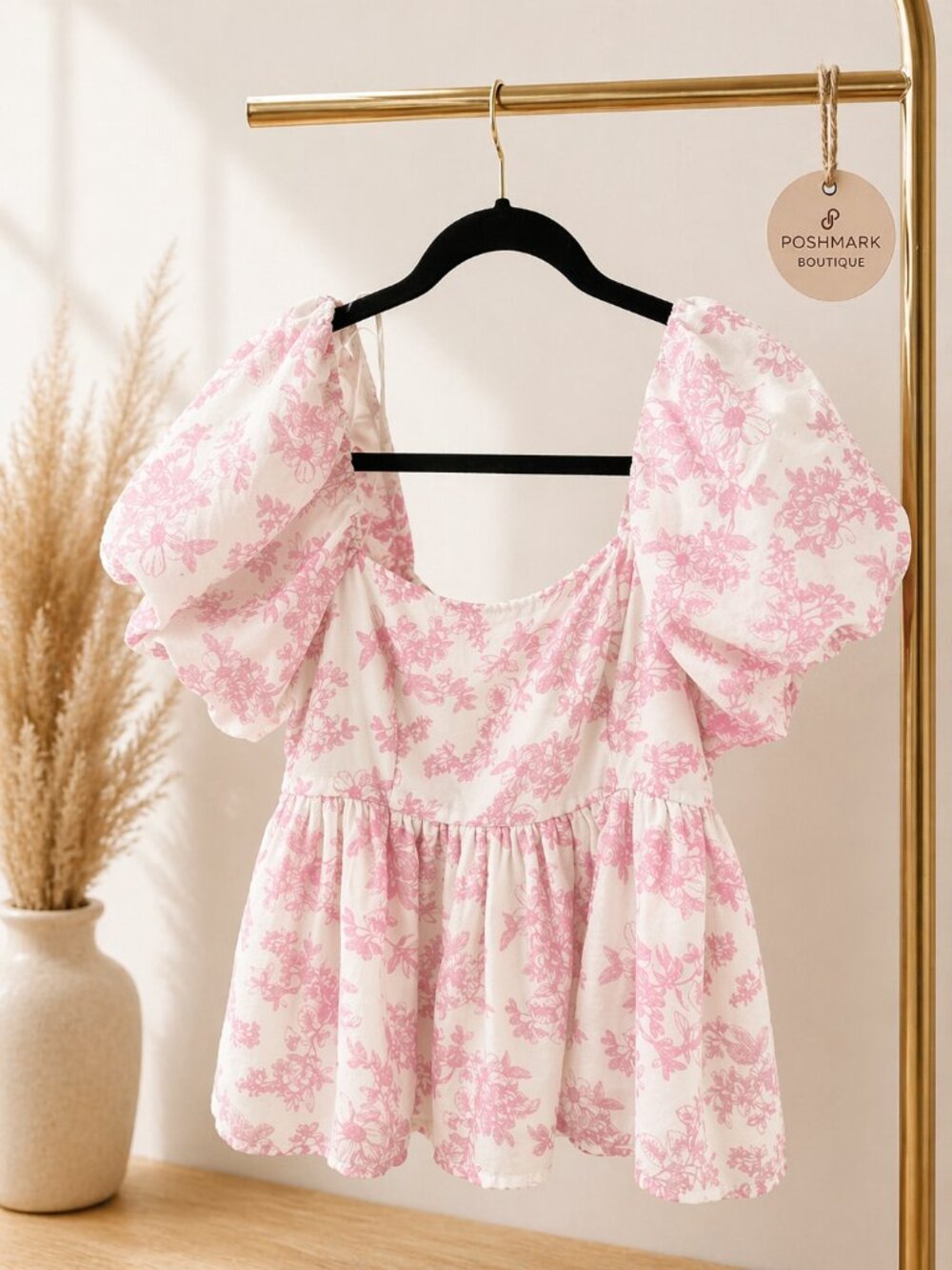 Pink Floral Puff Sleeve Babydoll Top – Size M | Cottagecore Aesthetic
